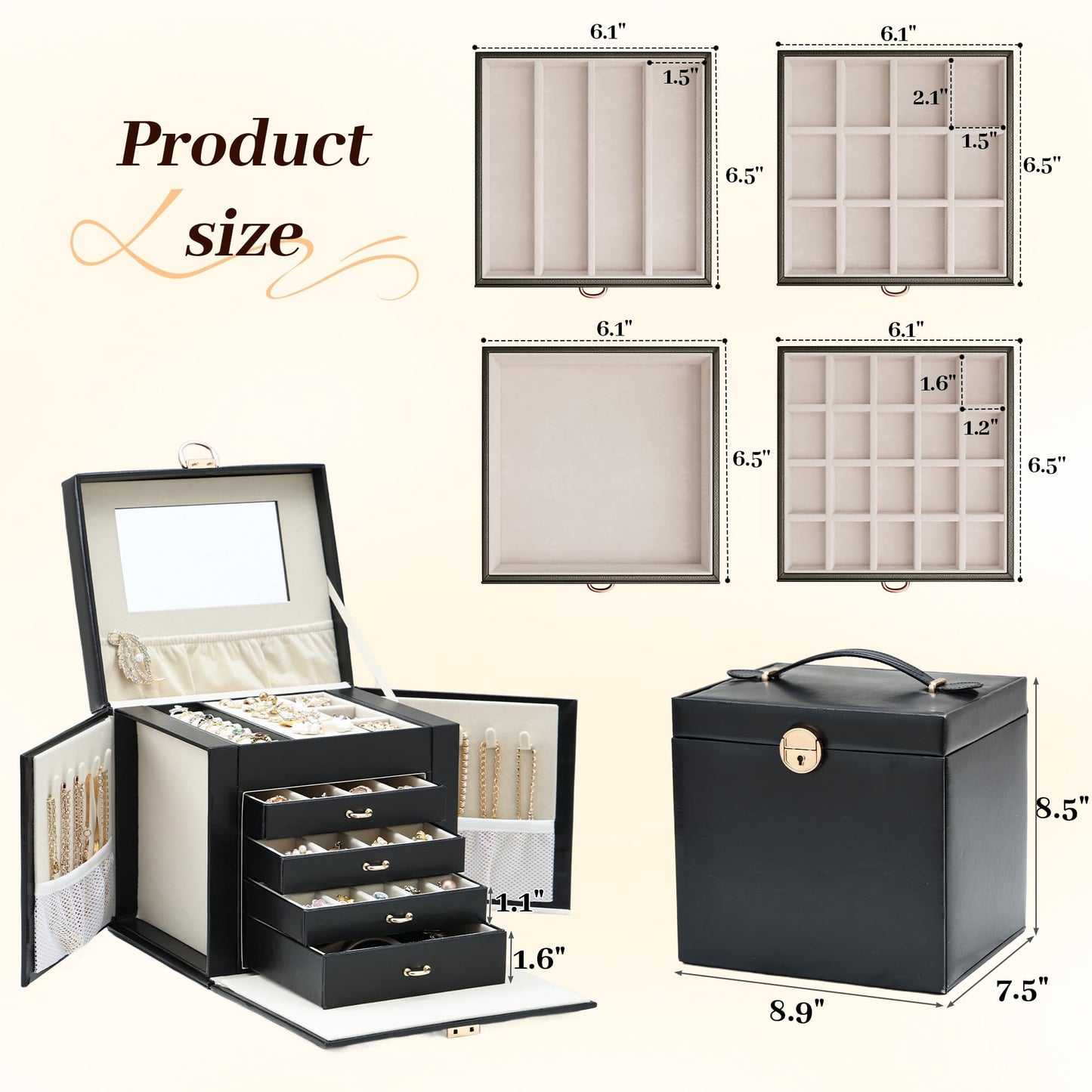 Jewelry Box for Women with Lock, 5-Layer Jewelry Organizer with Mirror & 4 Drawers, Lockable Faux Leather Storage Case for Ring Necklace Bracelet Earring, Elegant Gift for Girls Mom Girlfriend, Black