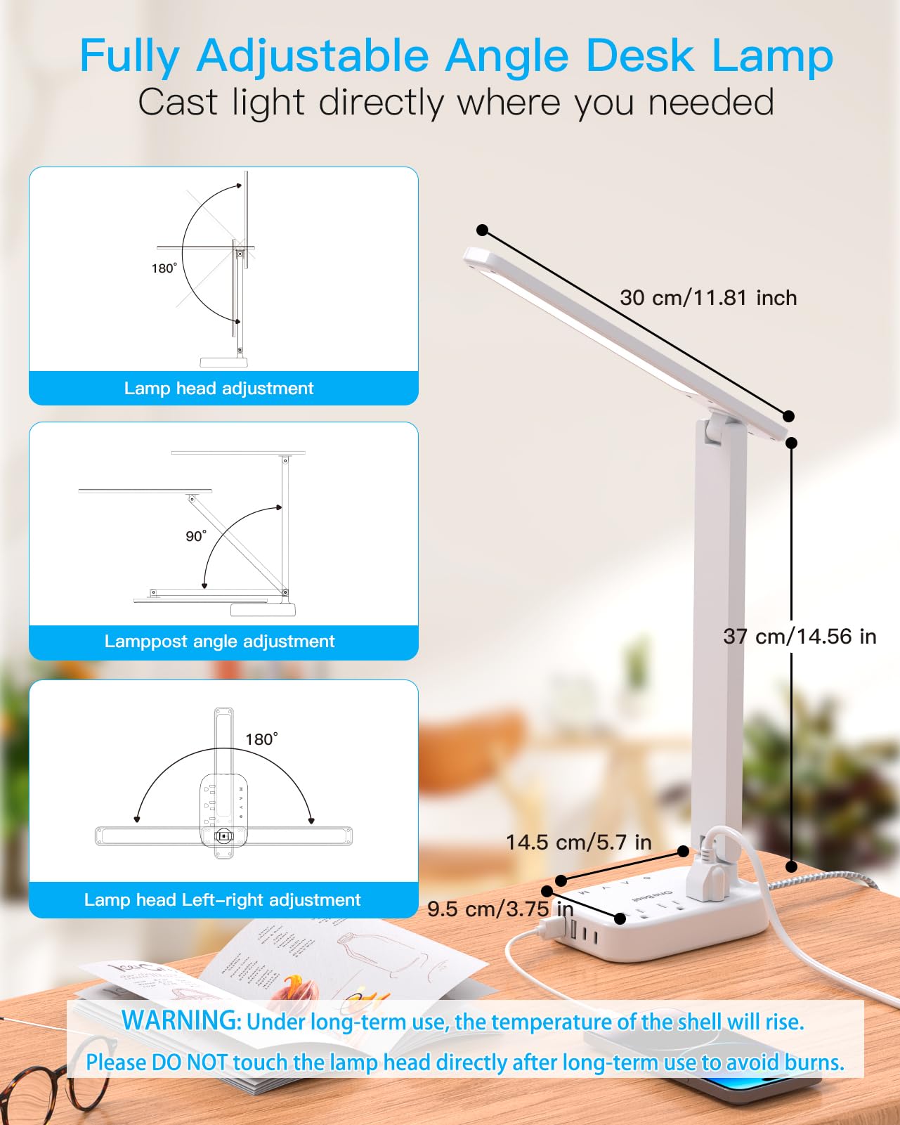 One Beat LED Small Desk Lamp Power Strip 5ft Extension Cord, 3 Outlets, 4 USB Ports(2 USB C), 4 Modes, 5 Level Touch- Home, Office, Bedroom, Bedside, Study Reading Light, Dorm Room Essentials, White