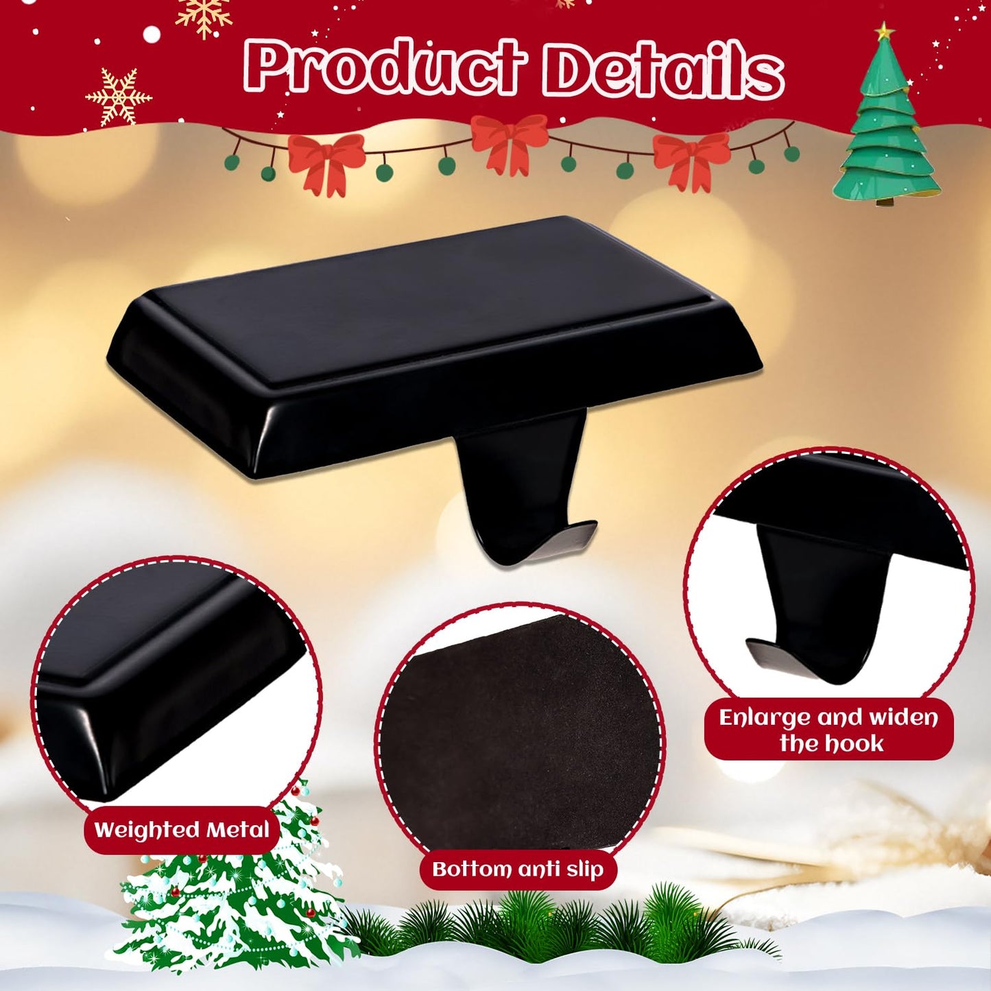 Ulico Christmas Stocking Holders, Mantel Stocking Hangers, Weighted Metal Hanging Hooks, Stocking Holders Bases for Mantel, Fireplace Xmas Party Decoration (Black, 2 Pcs)