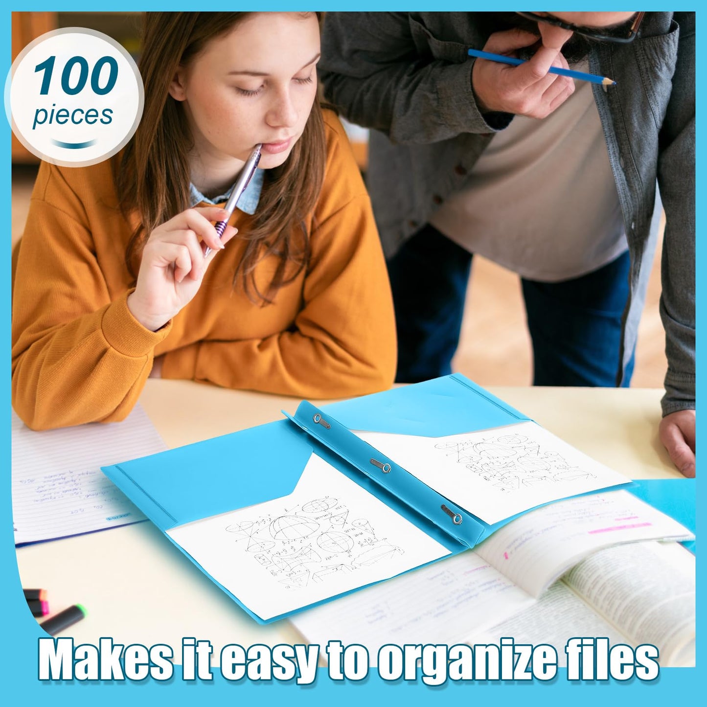 Lincia 100 Pcs Plastic Folders with Pockets and Prong Folders with Prongs 2 Pockets for Office, School for Students, Teachers, Office Workers(Light Blue)