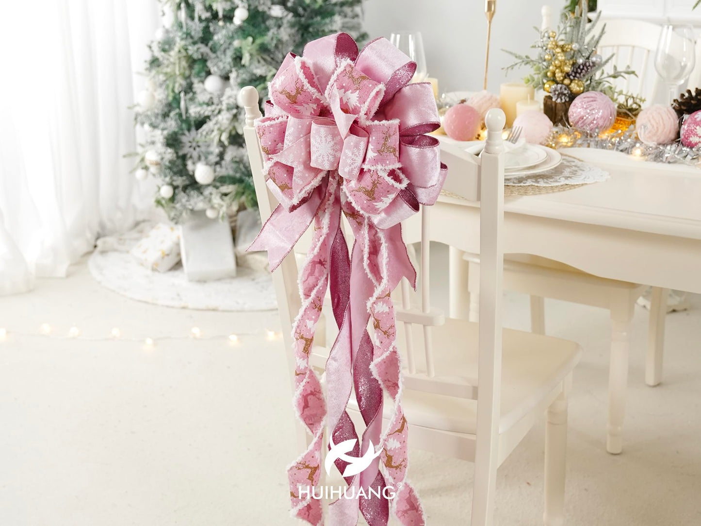 HUIHUANG Pink Christmas Tree Topper Bow 13 inch x 45 inch Large Christmas Bows Pink and White Snowflake Velvet Bows for Christmas Tree Ornament, Wreaths, Staircase, Mantel, Home Decor