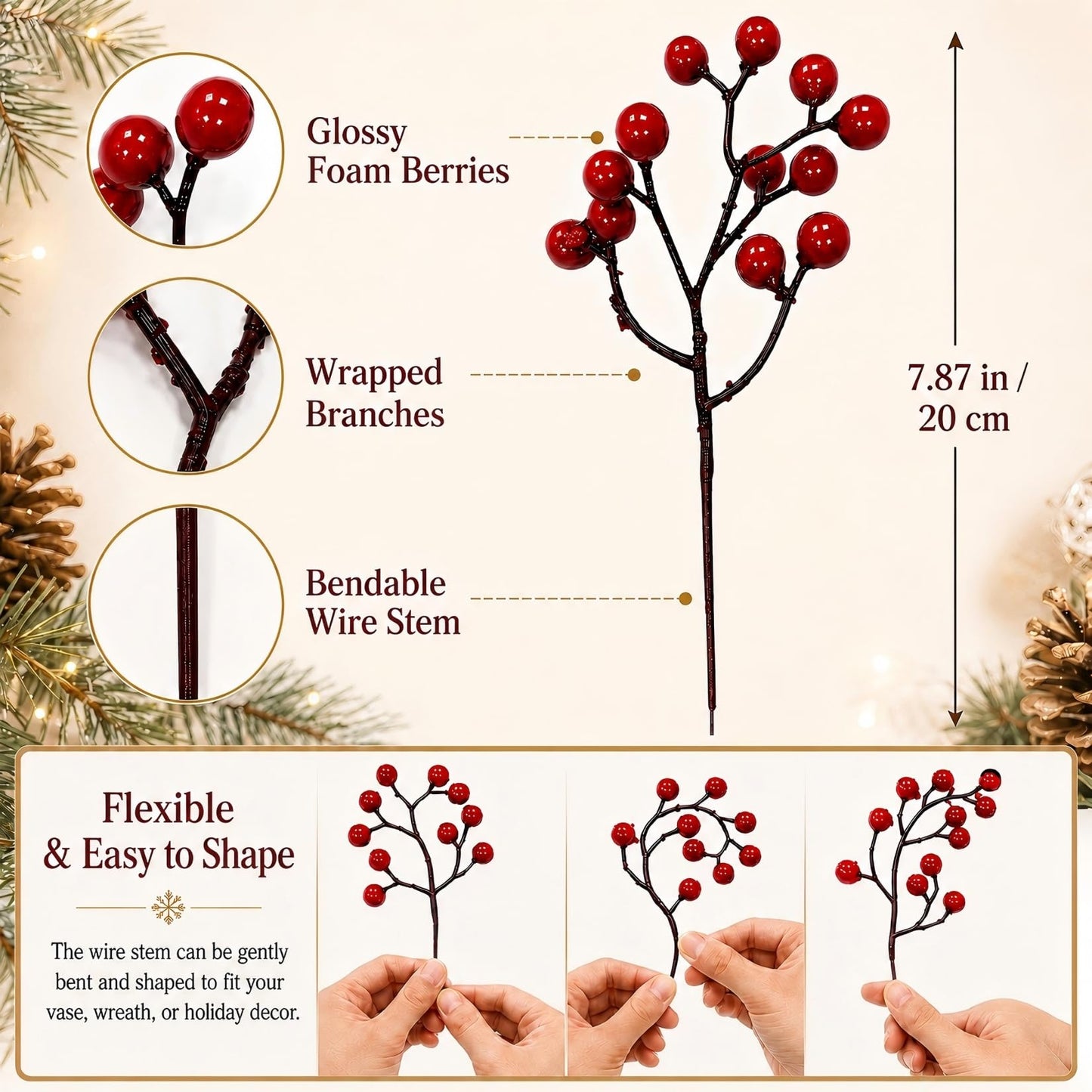 RAINFLOW Red Berry Stems for Christmas Tree - 12 Pcs Artificial Holly Berries 8 Inch Berry Branches No Shedding for Wreath Garland Holiday Home Decor Indoor Outdoor