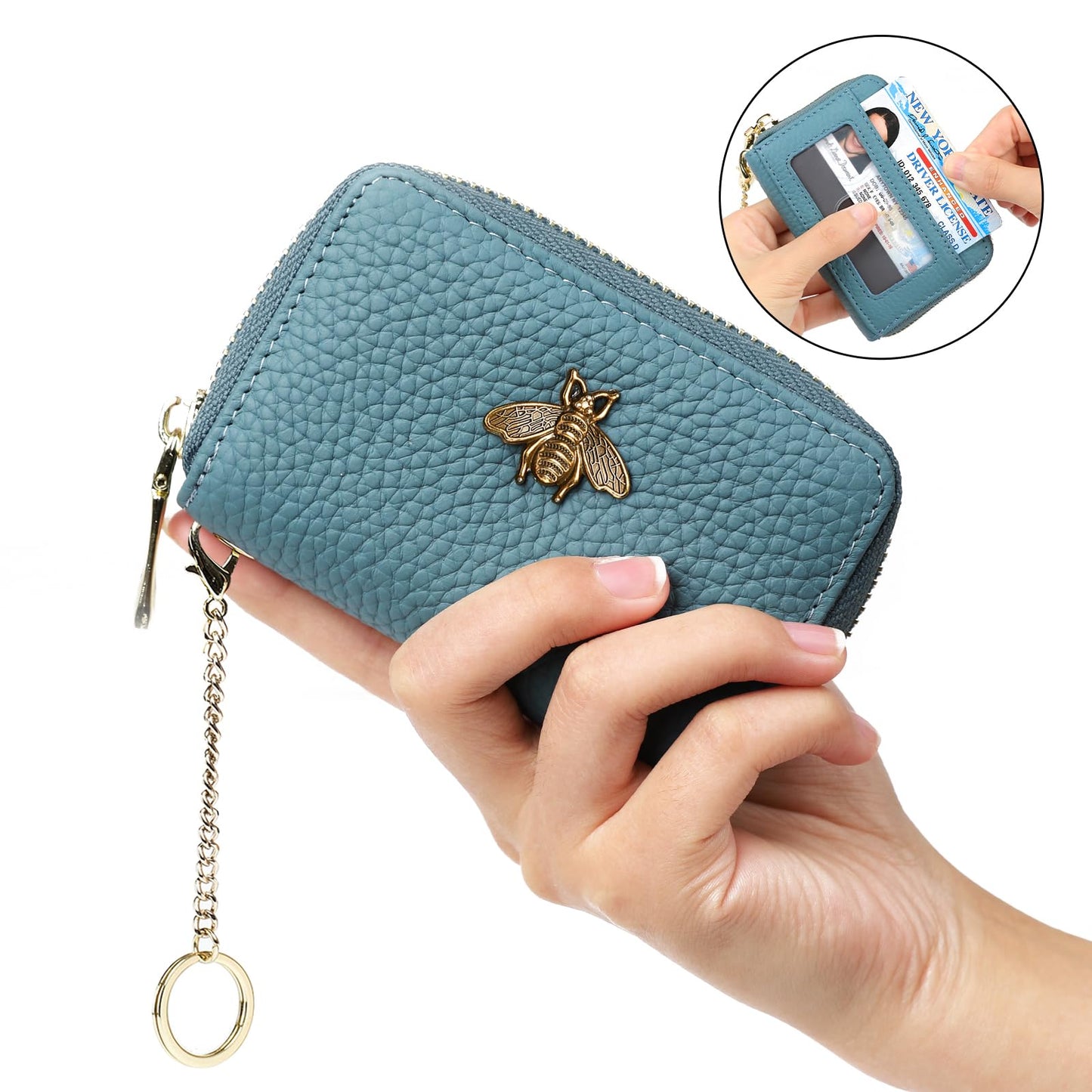 imeetu RFID Credit Card Holder, Small Leather Zipper Card Case Wallet with Keychain and ID Window for Women (Pro,Peacock Blue)