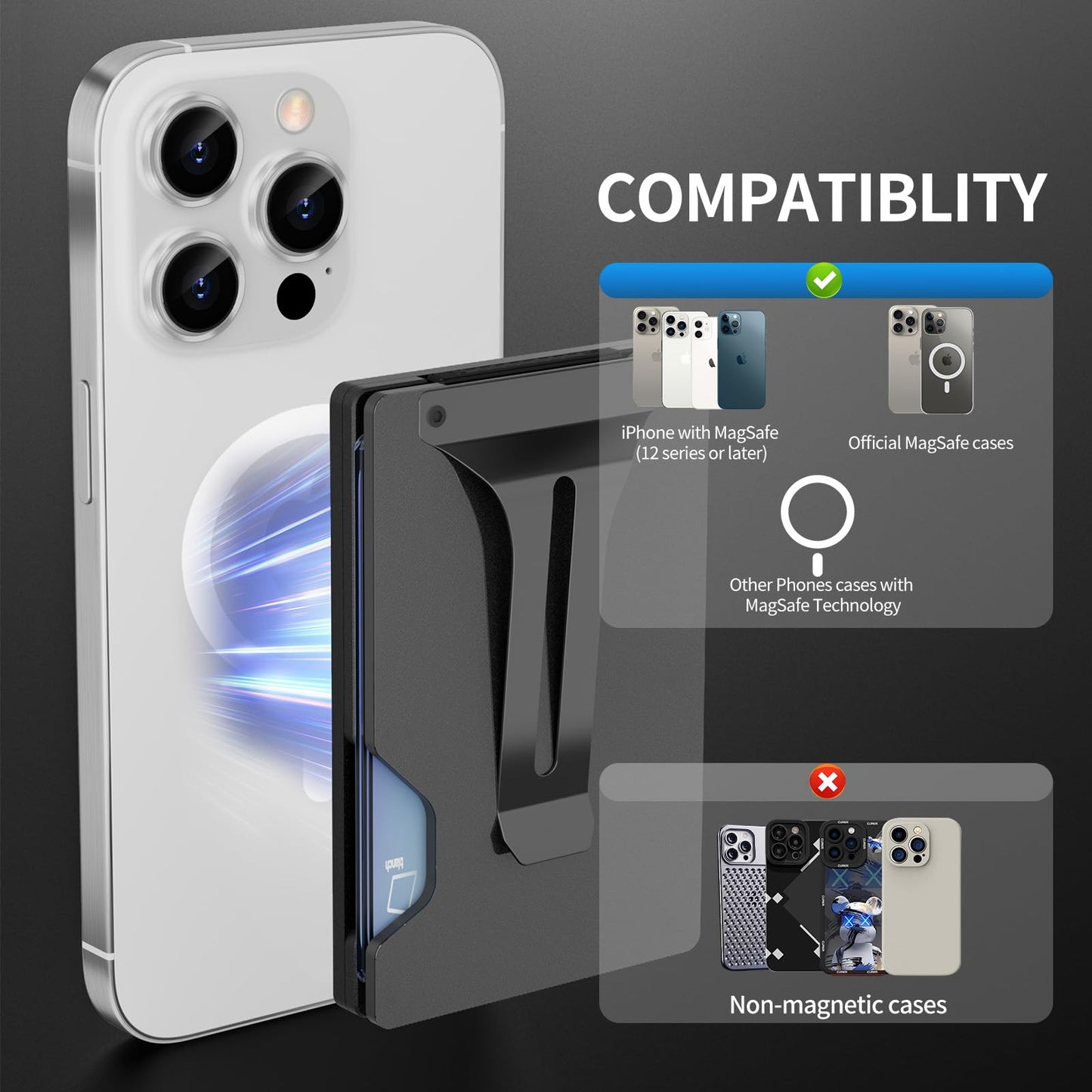 BESSIO Magnetic Phone Wallet Compatible with Apple MagSafe - Metal Card Holder with AirTag Holder, RFID Blocking & Money Clip Mag Safe Wallet for iPhone 17 16 15 14 13 12 Pro Max/Pro/Plus/Mini, Black