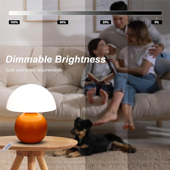 Small Mushroom Lamp,USB-Plug in Bedside Table Lamps with 3-Temperature LED Bulb Dimmable,Unique Cute Aesthetic Home Decor for Living Room,Bedroom, Modern Ceramic Base Glass Lamp(Orange)