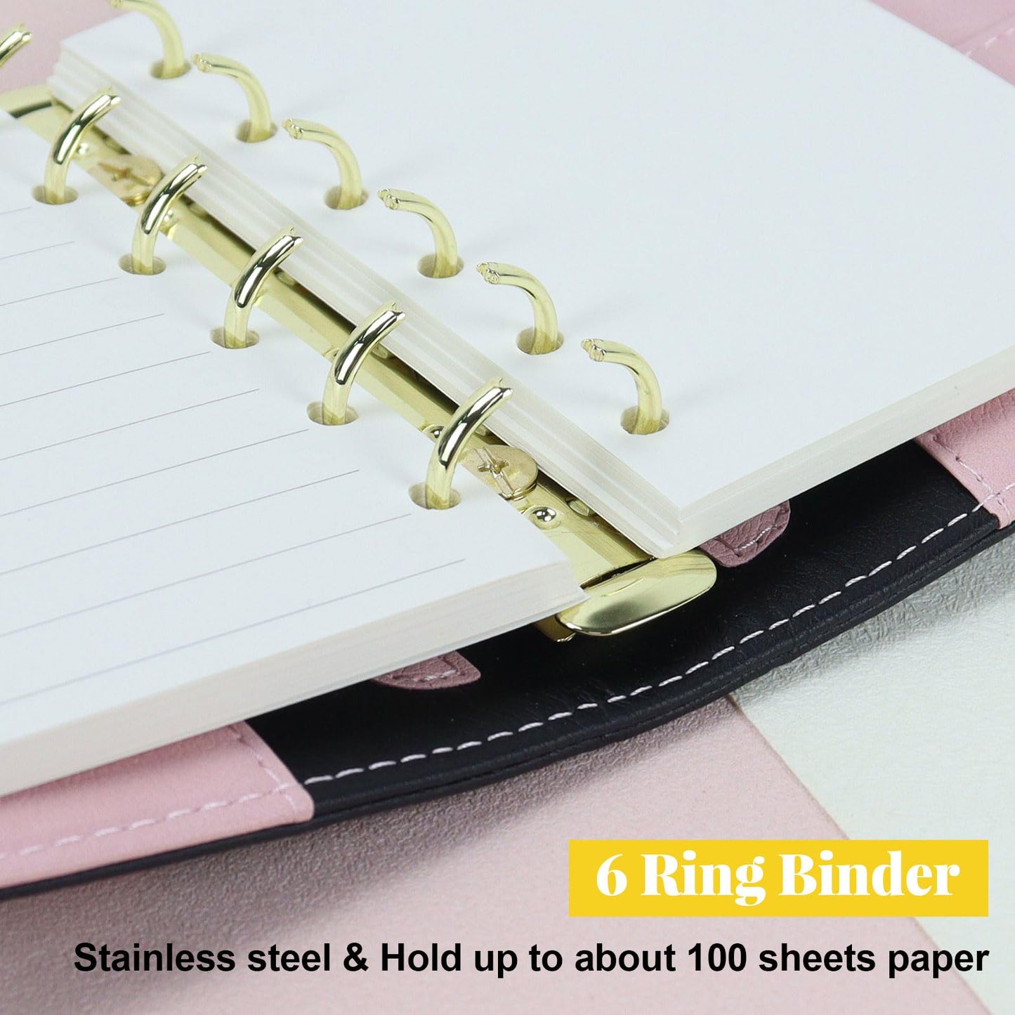 Koqye A7 Refillable Planner Small Binder Notebook 6 Ring, Portable PU Leather Organizer with Zippered Pocket, To-Do & Blank Refill Papers, Dividers, Monthly Sticker, Pen, for Students, Professionals, Travel (Black & Pink)