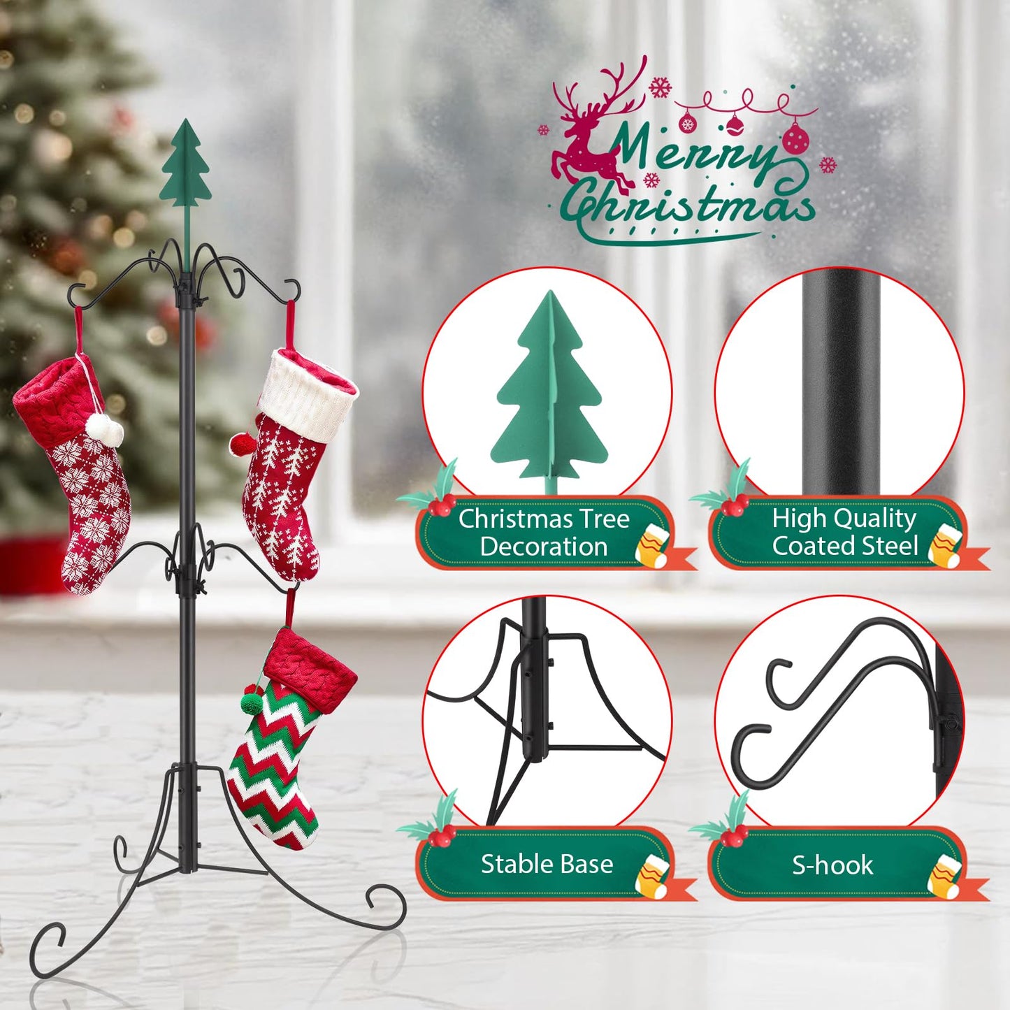 Bvomheez Christmas Stocking Holder Stand, Freestanding Max 62" Height Stand with 12 Hooks, Height Adjustable Metal Hanger with Green Iron Christmas Tree Top, for Christmas Holiday Decoration