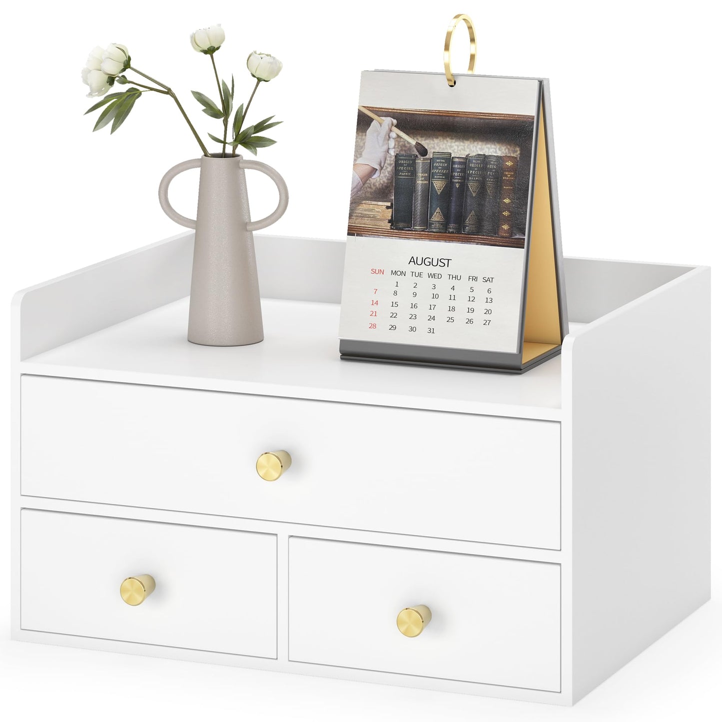 Bamboo Desk Organizer with Drawers Wooden Desktop Storage Drawers for Bills Office Supplies Kitchen Utensils Organizing Tool for Home Classroom Organization No Assembly (White, 3 Drawers)