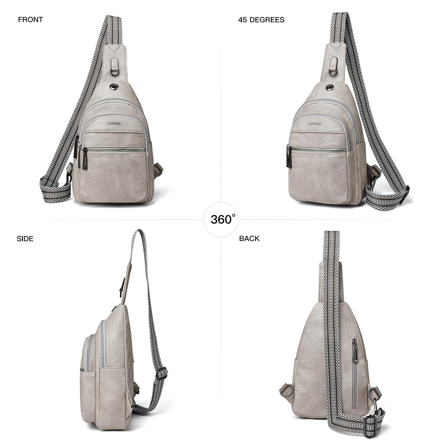 LATMAP 7L Sling Bag For Women Faux Leather Anti Theft Small Casual Daypack Backpack Fanny Pack Crossbody Chest Bags Purse Waterproof Light Grey