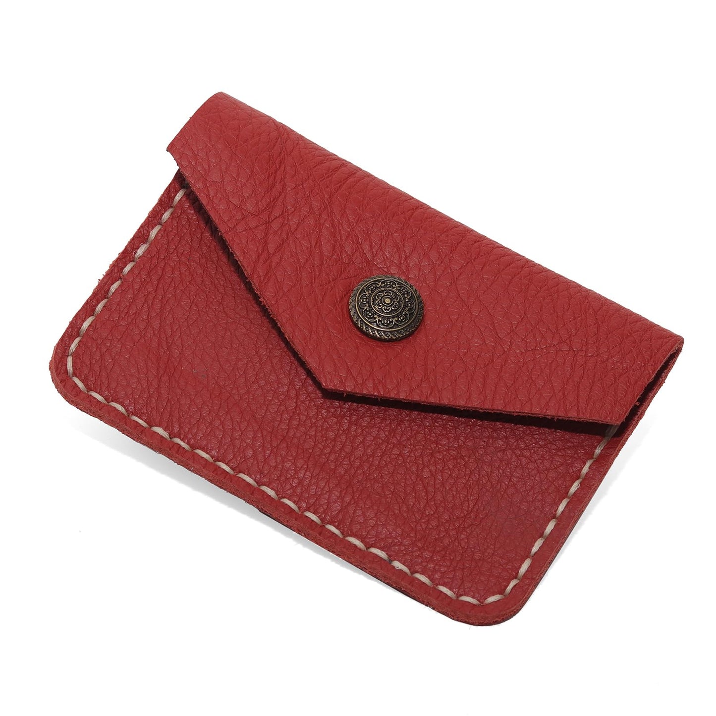 Guild Accessories Handstitched Red Leather Card case Wallet - Artisan Crafted Envelope Card Holder with Antique Brass Snap, Full-Grain Leather Slim Pocket Organizer (Red)
