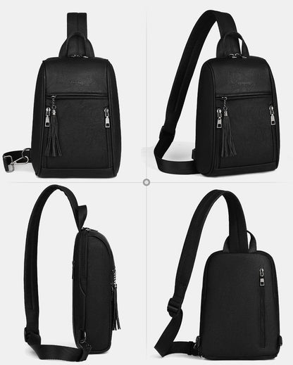 FADEON Sling Bag for Women, Crossbody Backpack with Tassels, Designer Leather Shoulder Chest Bags for Travel
