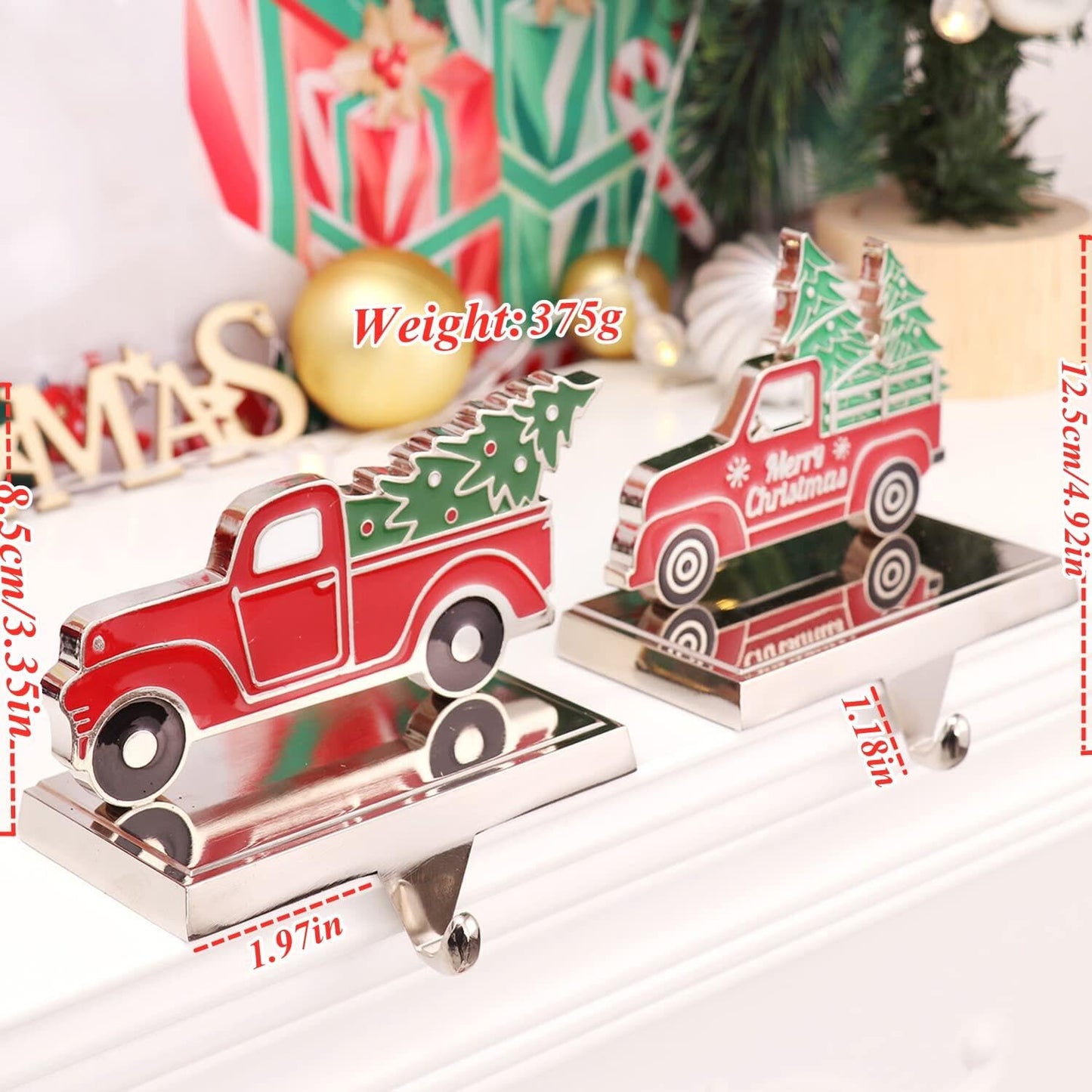 Yuokwer Set of 2 Christmas Stocking Holder for Mantel Christmas Decoration,Metal Red Truck with Christmas Tree Stocking Hangers for Fireplace Xmas Decoration Supplies (Truck)