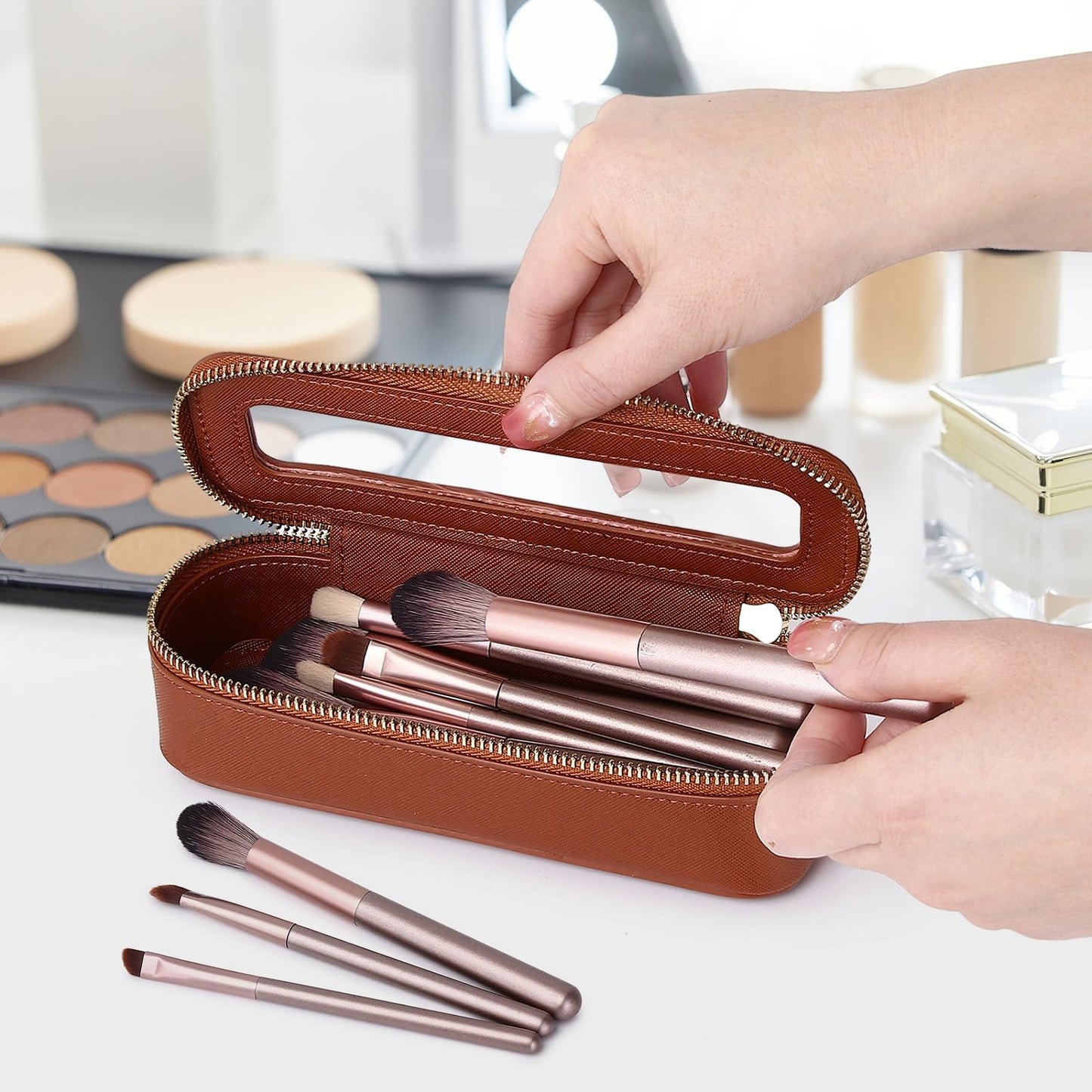 LOFOWN Makeup Brush Bag Slim Clear Makeup Bag Travel Cosmetic Case and Brush Holder Waterproof Toiletry Makeup Bag with Zipper Purse Organizer for Women (Brown, Slim)