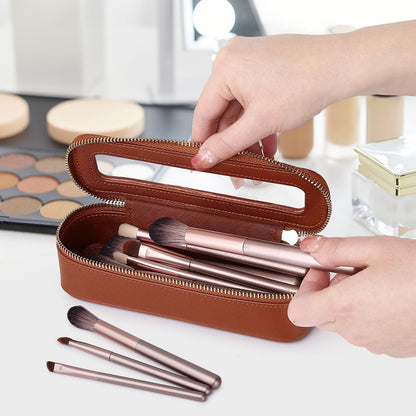 LOFOWN Makeup Brush Bag Slim Clear Makeup Bag Travel Cosmetic Case and Brush Holder Waterproof Toiletry Makeup Bag with Zipper Purse Organizer for Women (Brown, Slim)