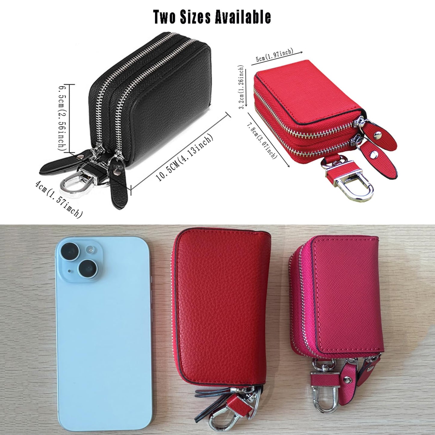 Berfi Life Key Fob Case Genuine Leather, Double Zipper Car Key Holder & Key Wallet with Keychain, Key Pouch for Purse Gift