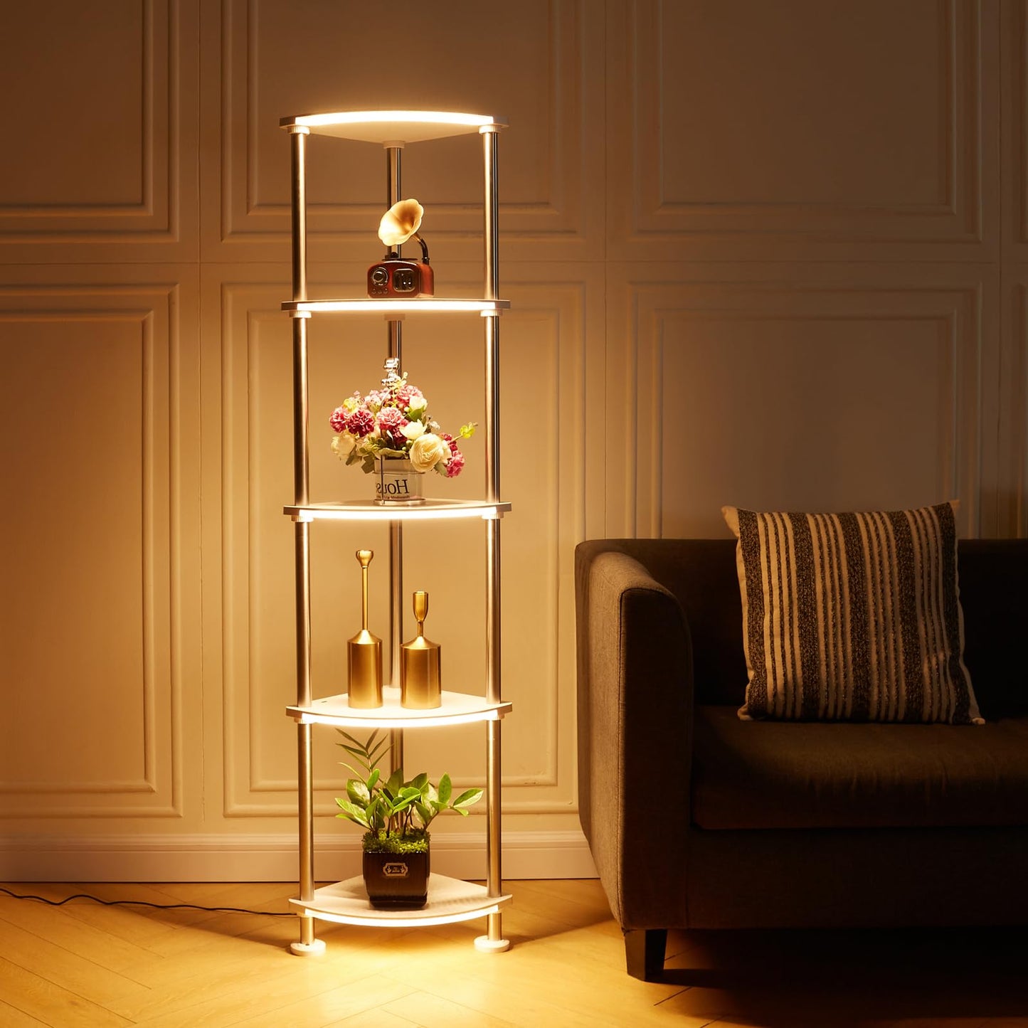 HOPEDAMAI Floor Lamp with Shelves Height Adjustable Music Sync LED Corner Floor Lamp with Charging Stationl Dimmable and Timing RGB Standing Lamp for Christmas Gifts White 5-Tier