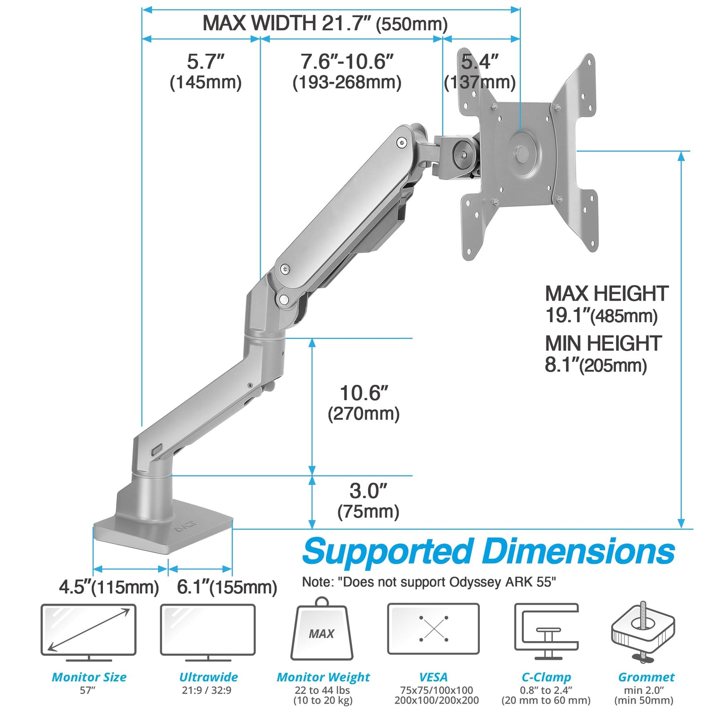 AVLT Single 34”-57” Monitor Arm Desk Mount fits One 44 lbs Heavy Duty Screen Full Motion Height Swivel Tilt Rotation Adjustable Gray Arm VESA 200x200 200x100 100x100 75x75