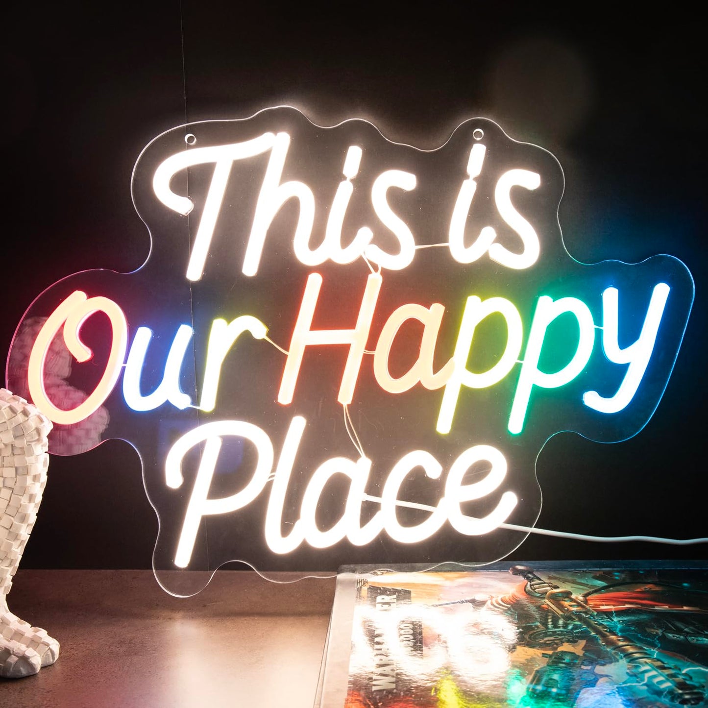 This is Our Happy Place Neon Sign, Letter Neon Signs for Wall Decor Dimmable Light up Sign, Classroom Wedding Kids Room Store Home Neon Decor 16.54 x 11.81 inch