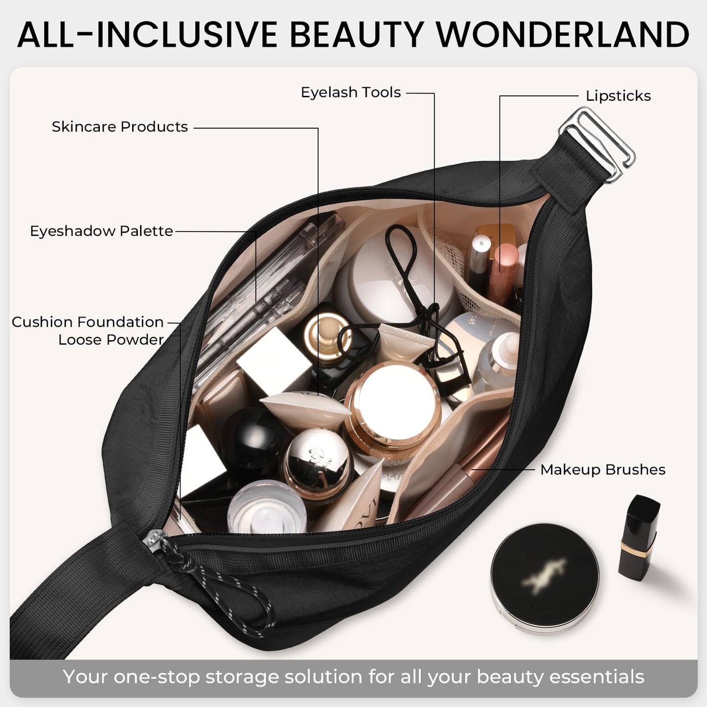 HauteHues Travel Makeup Bag for Women Large Capacity Cosmetic Handheld Portable Organizer Large Opening Waterproof Storage Toiletry Bags Black