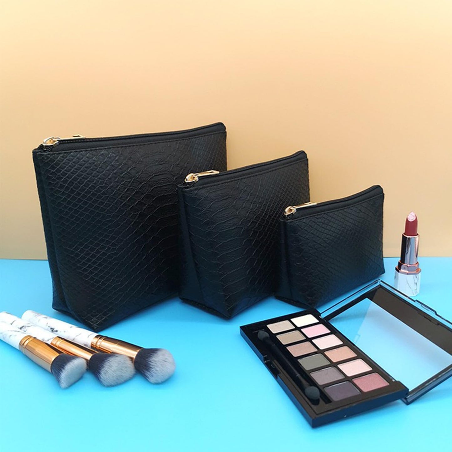 lllyan 3 Pcs Makeup Bag Set for Women Black Soft Leather Travel Cosmetic Bag Make Up Pouch Small Travel Zipper Pouch,Water-resistant Makeup Organizer Bag for Women（Black）