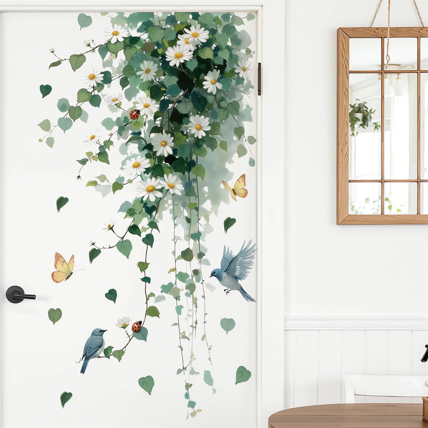 sacinora Hanging Greenery Vine Daisy Wall Stickers, Birds Butterflies Ladybugs Aesthetic Floral Wall Decals Removable Vinyl Peel and Stick Bedroom Kitchen Fridge Door Art Home Decor