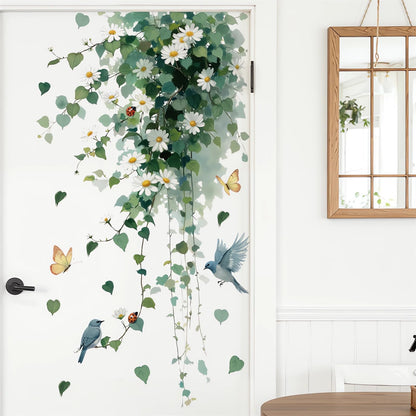 sacinora Hanging Greenery Vine Daisy Wall Stickers, Birds Butterflies Ladybugs Aesthetic Floral Wall Decals Removable Vinyl Peel and Stick Bedroom Kitchen Fridge Door Art Home Decor