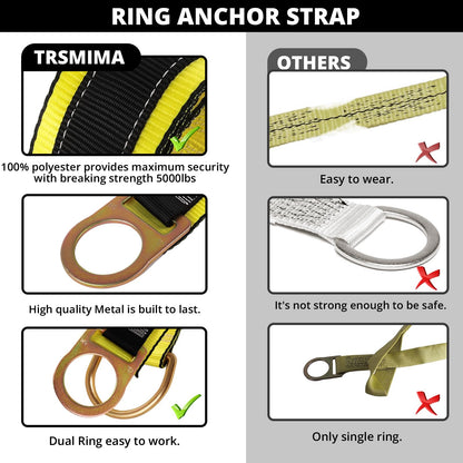 TRSMIMA Safety Strap Fall Protection - 6ft Cross Arm Strap Anchor Strap Anchorage Webbing with Double D Ring for Heavy Duty for Safety Harness