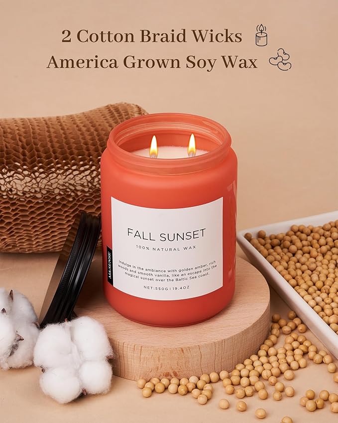 M&SENSE Fall Sunset Amber Scented 19.4oz 110 Hours Long Lasting Slow Burning Candle for Housewarming, Large Natural Soy Organic Relaxing Aromatherapy Candle Gifts for Women Men