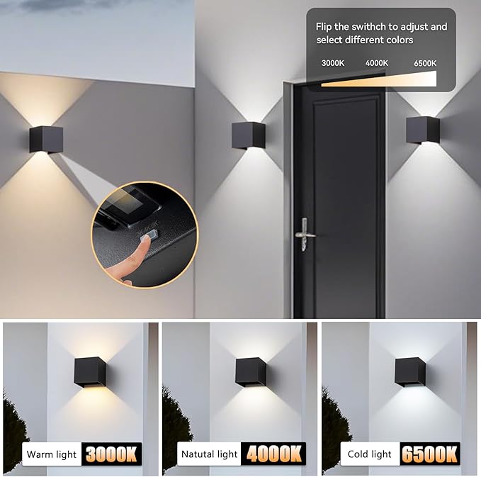 4 Pack LED Outdoor Wall Sconces Exterior/Interior,Modern Black Square Aluminum Wall Light Fixture Set,Variable Beam IP65 Waterproof Lights.15W 3-Color-Changeable Up and Down Outdoor Lighting Fixtures.
