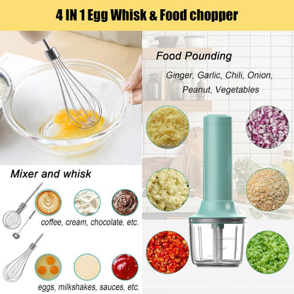 4-in-1 Electric Hand Mixer, Electric Whisk, Mini Onion Chopper 10Oz, Small Cordless Hand Blender, Milk Frother Wand for Coffee, Matcha, 4 Speed Rechargeable Food Processor for Baby Food Maker