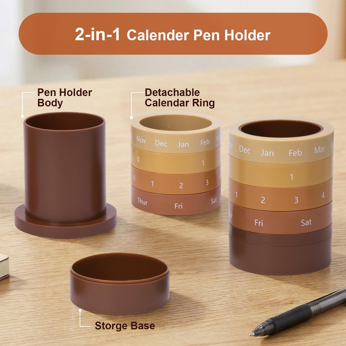 Comix Calender Pen Holder for Desk, Cute Pencil Holder Pen Organizer, Brown Platsic Pen Pencil Cup for Home School Office Supplies