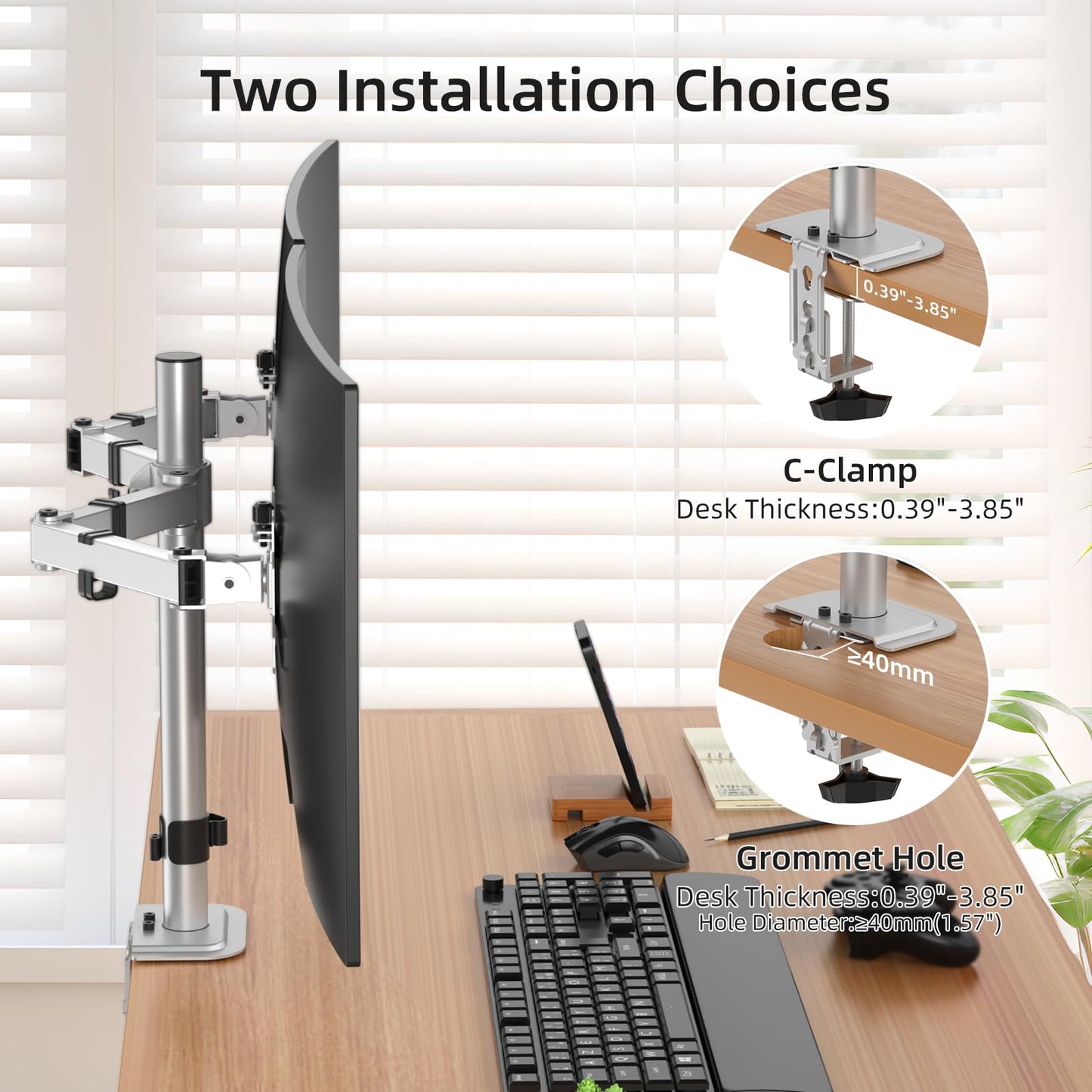 Suptek Dual Monitor Desk Mount, Adjustable Dual Monitor Arm for 2 Monitor Screens up to 43 inch, 15.75" Pole Monitor Stand for Desk, Holds up to 22 lbs,Silver(MD9442LS)