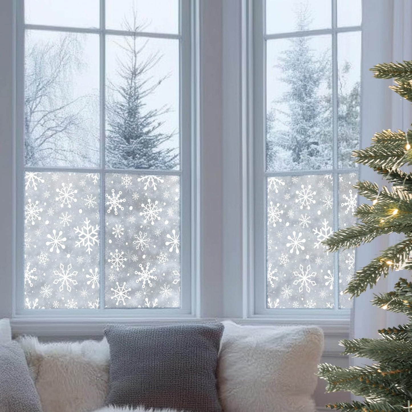 Christmas Stain Glass Window Film Christmas Snowflakes Cling Rainbow Window Film Decorative Window Clings Pure White Frosted Vinyl Static Window Stickers for Holiday Glass Windows Decor 16.9 * 39.3in