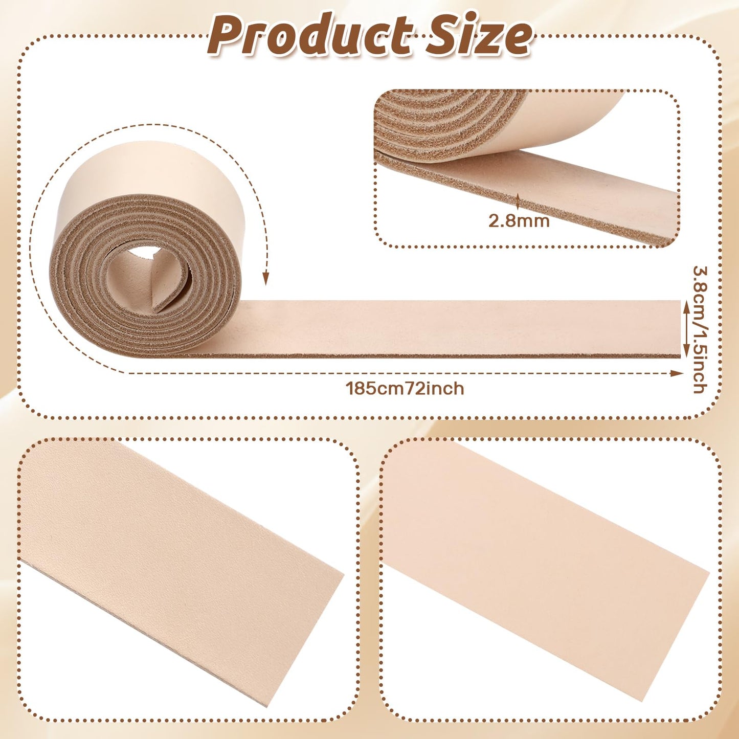 Hahafelt 2 Rolls 144 Inch Vegetable Tanned Leather Belt Blank Natural Leather Strips for DIY Tooling, Carving, Dyeing, Embossing, Crafting and Stamping, Extra Long Strip, 1.5" x 72"