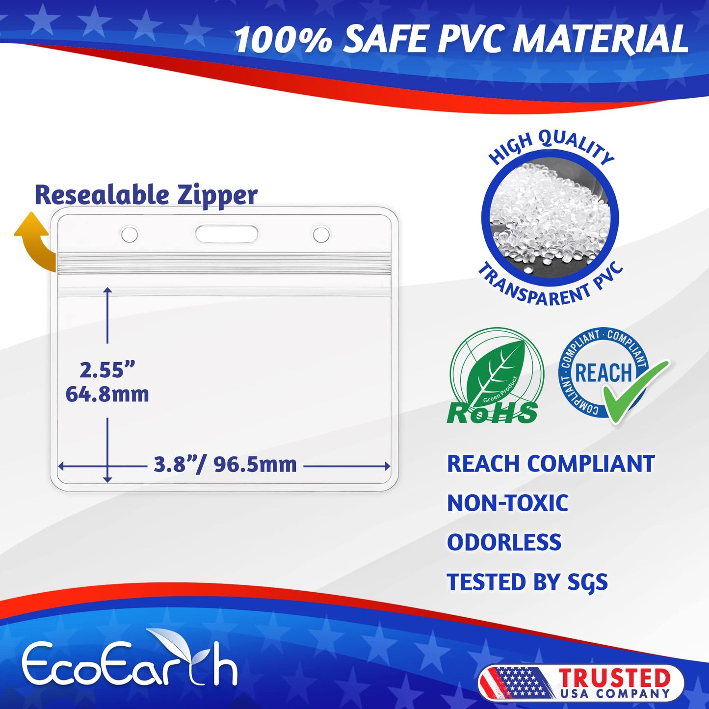 EcoEarth - Horizontal PVC ID Badge Holder with Metal Clips & Vinyl Straps with Soft Edge - Sealable Fits 3.5x2.25 inch Inserts - Clear, 100 Pack - Waterproof ID Card Holder Bulk - Name Tag