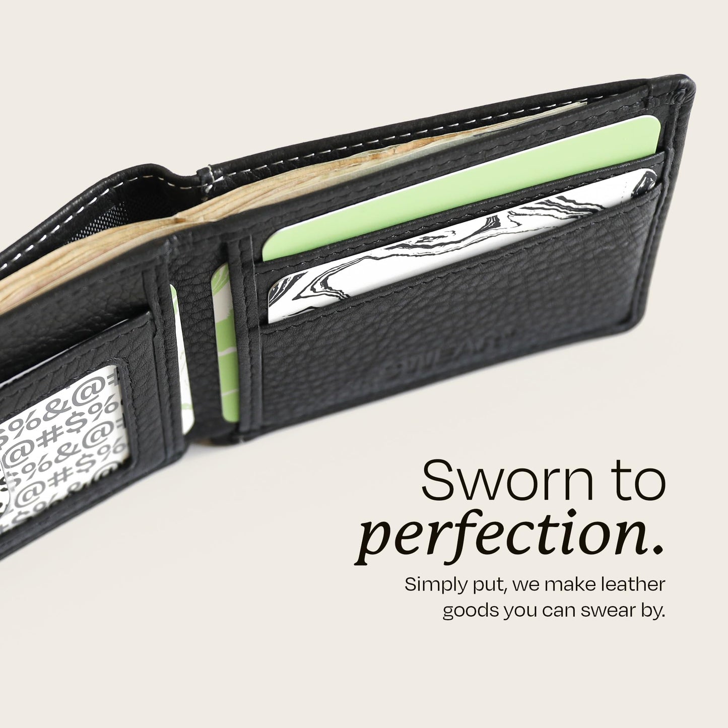 Swear Brands Full-Grain Leather Wallet | Slim RFID Blocking Bifold Design with Cash Pocket & Card Pull Strap | Holds 1-12 Cards | Stylish & Durable (Black)