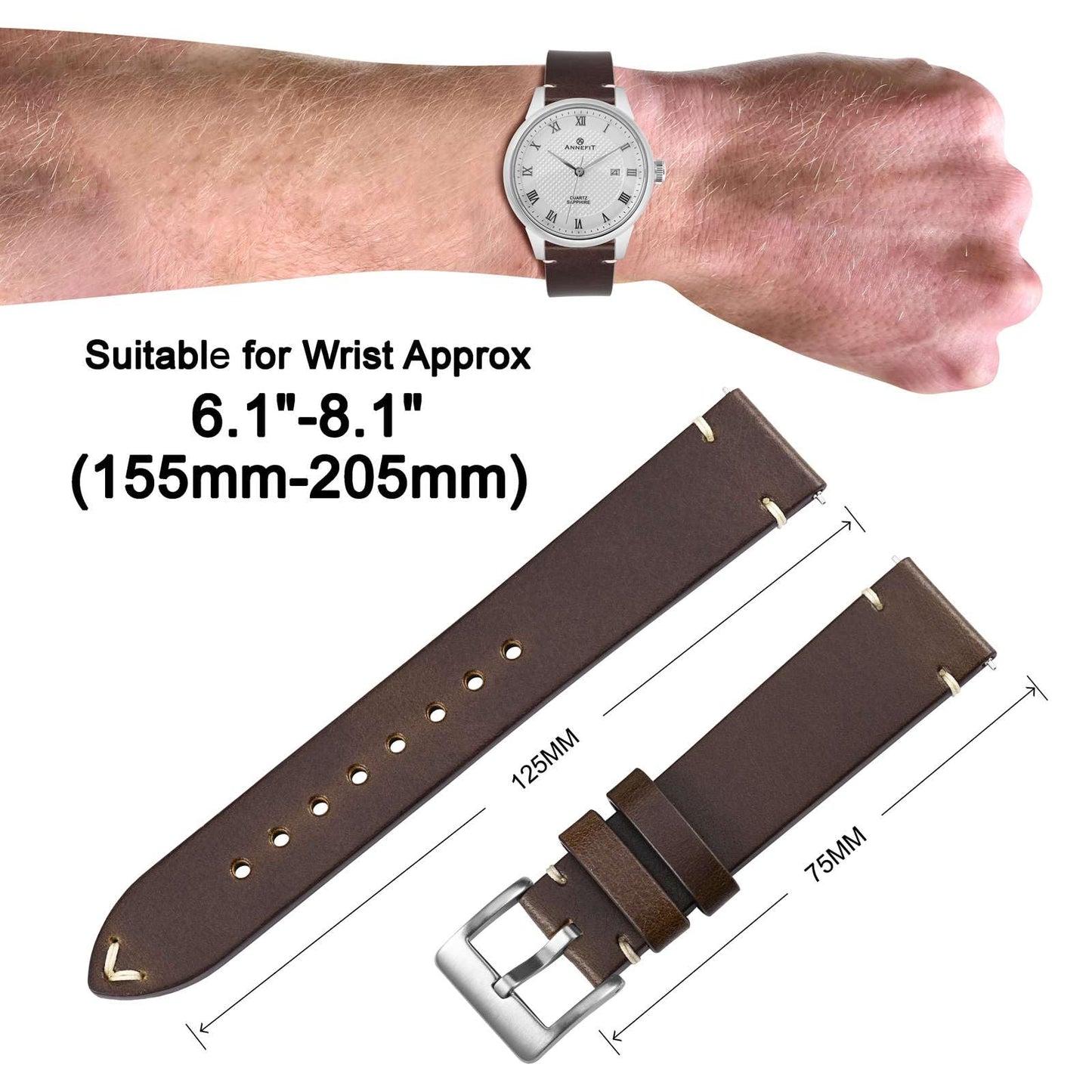 ANNEFIT Quick Release Watch Bands, Italian Vintage Leather Replacement Strap for Men and Women, Band Width 19mm (Dark Brown)
