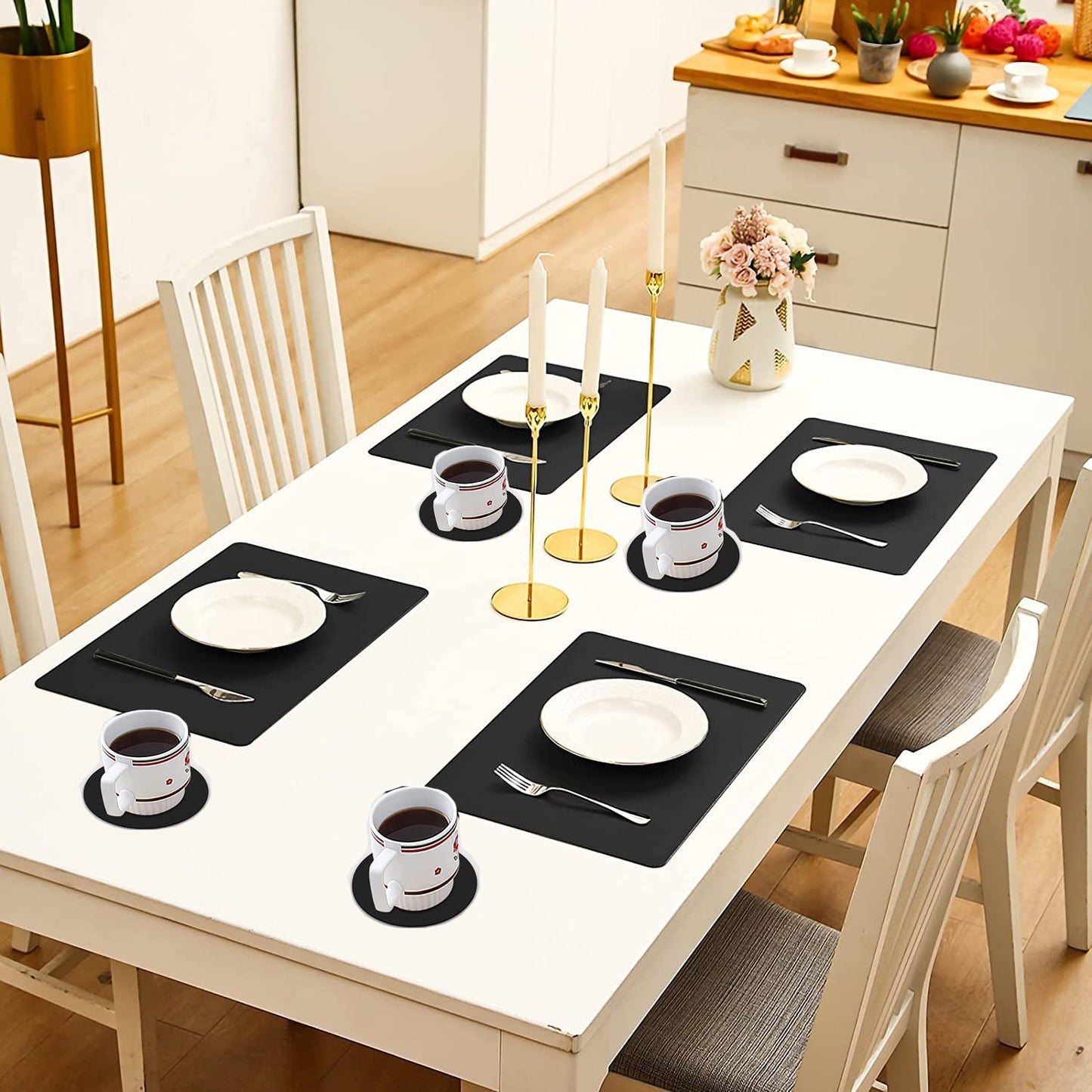 Abuzhen Faux Leather Placemats Set of 6, Place Mats with Coasters, Waterproof Wipeable Washable PU Table Mats for Dining Table and Decor, Easy to Care, Anti-Slip Place Mats (Set of 6, Rectangle Black)