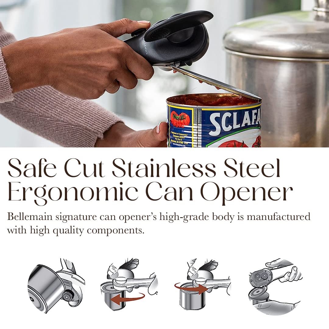 Bellemain Stainless Steel Can Opener – Manual Can Opener For seniors - Ergonomic Smooth edge Can Opener Hand Held Heavy Duty – Easy to use can opener safe cut