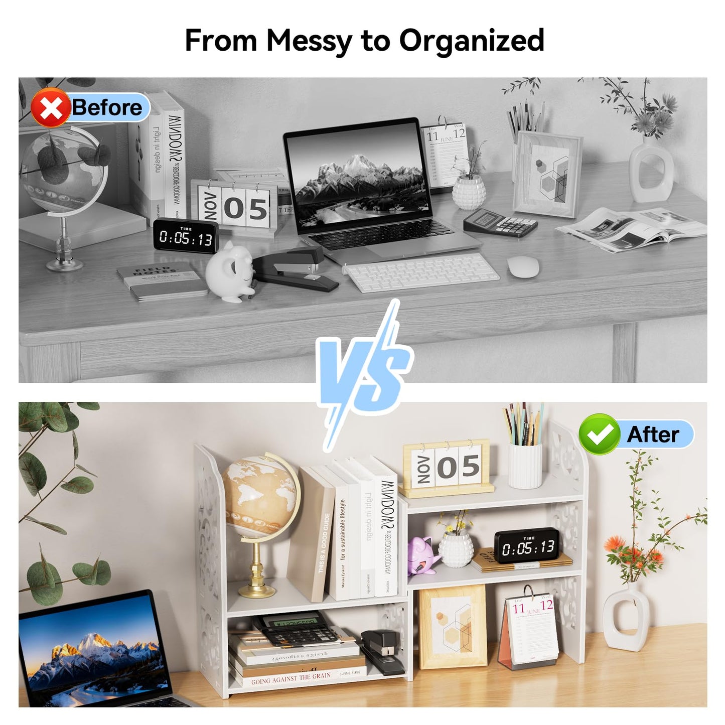 YGYQZ Desk Shelf for Top of Desk - Adjustable Desktop Organizer Shelf, Small Table Top Shelves & Desktop Shelves for Office Organization, Waterproof Bookshelf for Desk & Bathroom, White