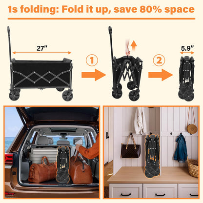 Wagons Carts Foldable,360lbs Collapsible Wagon with Wheels, Lightweight Foldable Wagon Cart with Drink Holders for Camping,Travel,Picnic,Shopping,Sports,Storage,Fashion Black