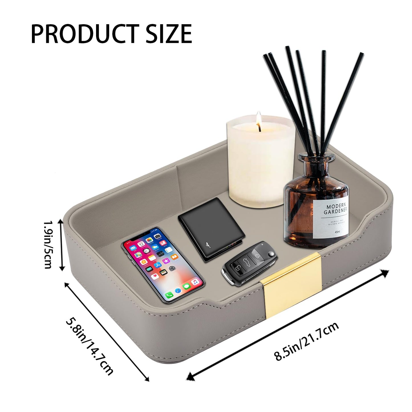 XNONE Leather Jewelry Tray Desktop Storage,Luxury Perfume Tray Nightstand Organizer Entryway Decorative Tray,for Jewelry Watch Cosmetics Keys Phone Wallet Home & Office Accessories,Gray