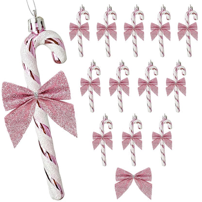 HERZWILD 12Pcs Christmas Glitter Candy Cane with Bow Pink Plastic Candy Cane Decoration Christmas Tree Hanging Ornament for Holiday Party Decoration Favor(Pink Bow)