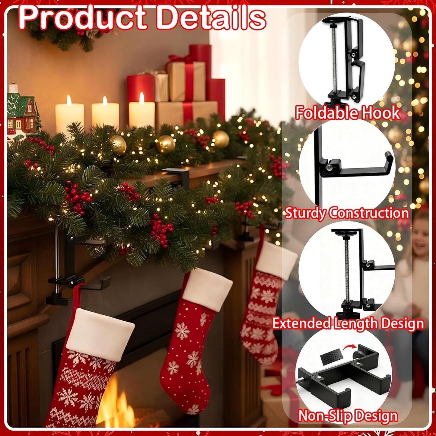 Clarmonde 4 Pack Stocking Holders for Mantle for Christmas Decorations,2 in 1 Mantle Garland Holder for Hanging Christmas Stockings,No Drilling Required & Adjustable Garland Hanger, Metal (4 Black)