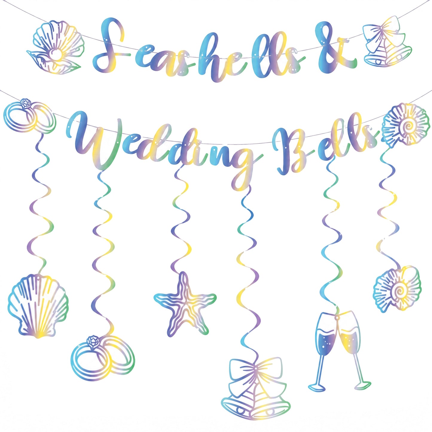 Seashells and Wedding Bells Decor - Rainbow Iridescent Holographic Bachelorette Bridal Shower Decorations Last Toast on the Coast Party Garland Hanging Swirls