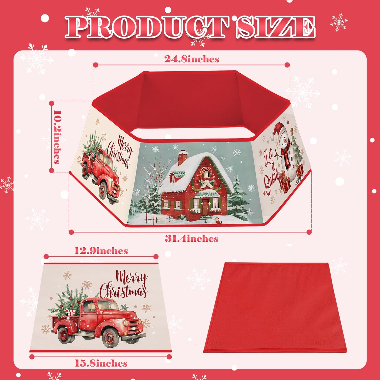 Christmas Tree Collar for Artificial Trees, Red Winter Snowman Truck Santa Claus Rustic Country Christmas Decoration, Fabric Hexagonal Base Tree Collar Skirt for Xmas Tree Decorations Holiday Party