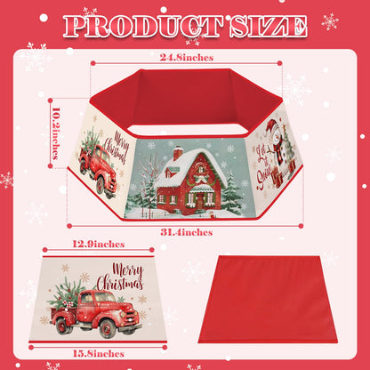 Christmas Tree Collar for Artificial Trees, Red Winter Snowman Truck Santa Claus Rustic Country Christmas Decoration, Fabric Hexagonal Base Tree Collar Skirt for Xmas Tree Decorations Holiday Party