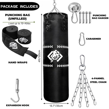 ZOOFOX Punching Bag for Adults, 4 Ft Heavy Bag with Chains and Hand Wraps for Beginners, 5-in-1 Boxing Bag for Kickboxing, MMA, Muay Thai, Karate, Home Gym or Fitness, Unfilled