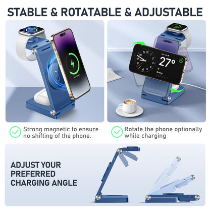 Magnetic Wireless Charger Stand, 3 in 1 Foldable Wireless Charging Station with 20W Adapter, Travel Charger for Multiple Devices for iPhone 17 16 15 14 13 12 Pro/Max/Plus/Mini, iWatch, AirPods
