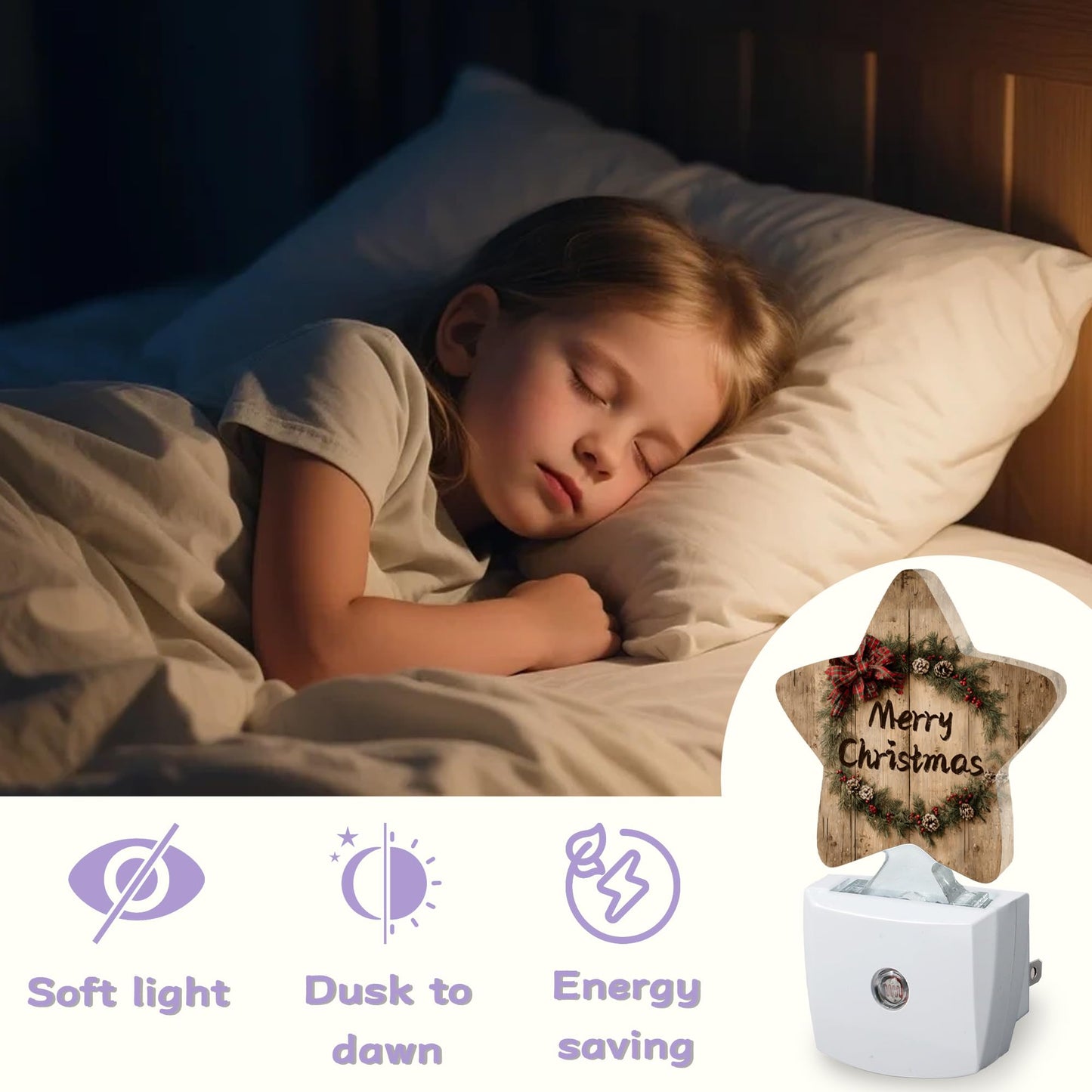 Merry Christmas Nightlights Plug in Wall,Rustic Wooden Decorative Star Lamp with Automatic Lighting for Living Space,Gentle Glow for Kids Room,Hallway,Bathroom
